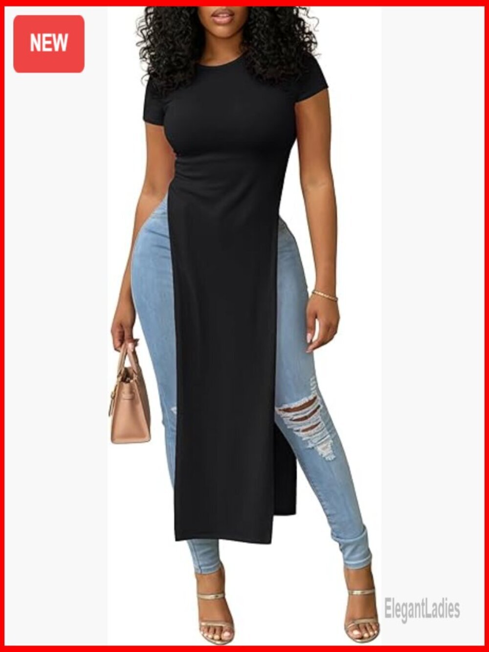 Slim Fit Rayon Tunic Top with Side Slit Hem Short Sleeve Tee